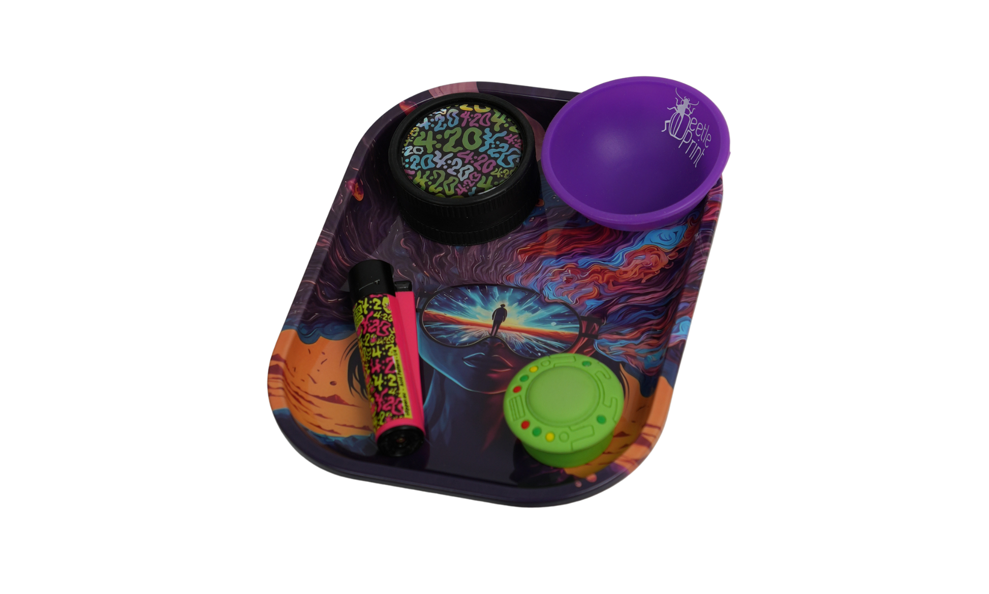 Detail of metal rolling tray with raised edges and surreal artwork