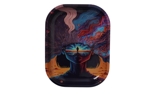 Metal rolling tray with surreal reflected woman illustration by Beetle Print