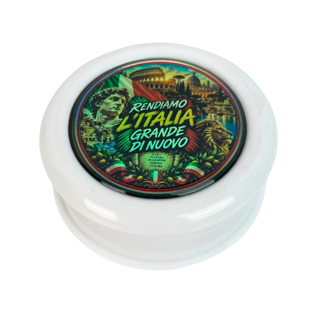 Molinillo Beetle Print Italia holográfico de 3 partes en color blanco con diseño italiano en la tapa