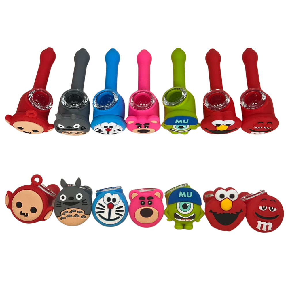 Pack Beetle Print de 7 pipas de silicona con diseños de personajes y diferentes colores mostrado en conjunto