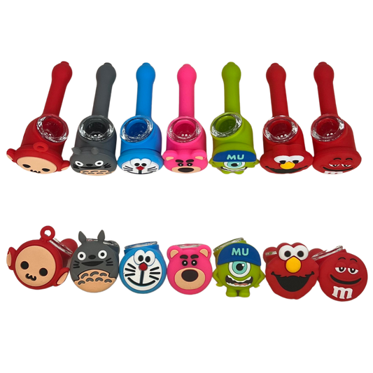 Pack Beetle Print de 7 pipas de silicona con diseños de personajes y diferentes colores mostrado en conjunto