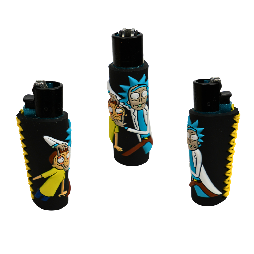 Funda de mechero Portal Duo Black de Beetle Print, diseño negro con personajes animados estilo multiverso, vista desde tres ángulos