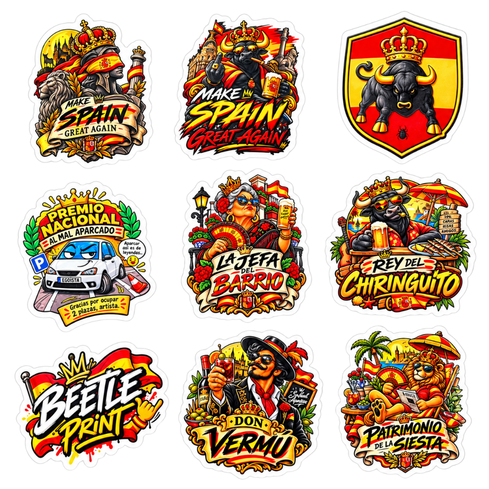 Pack de 9 pegatinas Beetle Print inspiradas en España con diseños de humor y cultura española
