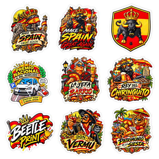 Pack de 9 pegatinas Beetle Print inspiradas en España con diseños de humor y cultura española