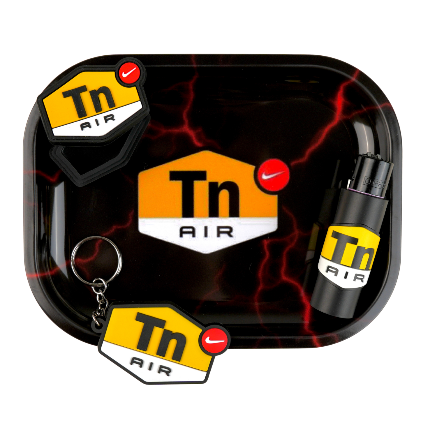 Pack Black Thunder completo con bandeja metálica negra, wax container, funda para mechero y llavero a juego