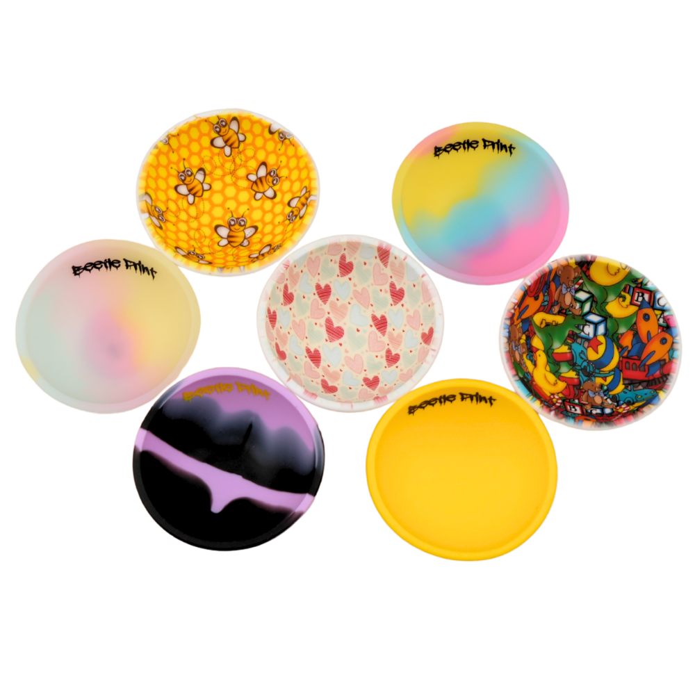 Pack de bowls de silicona Beetle Print con diseños coloridos, translúcidos y estampados variados.