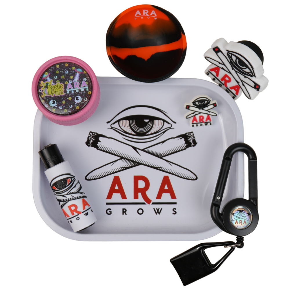 Pack premium ARA GROWS con bandeja metálica, grinder holográfico, bowl silicona y accesorios Beetle Print.