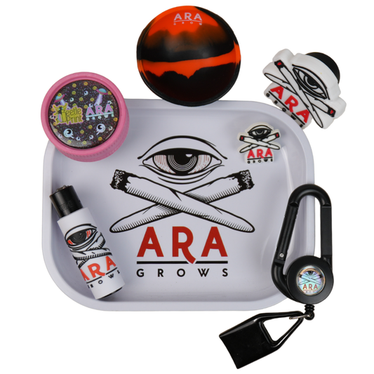 Pack premium ARA GROWS con bandeja metálica, grinder holográfico, bowl silicona y accesorios Beetle Print.
