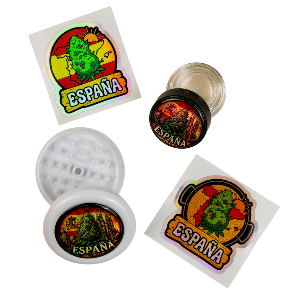 Pack España con grinder holográfico abierto y tarro de cristal transparente Beetle Print