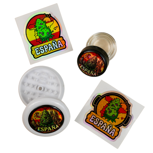 Pack España con grinder holográfico abierto y tarro de cristal transparente Beetle Print