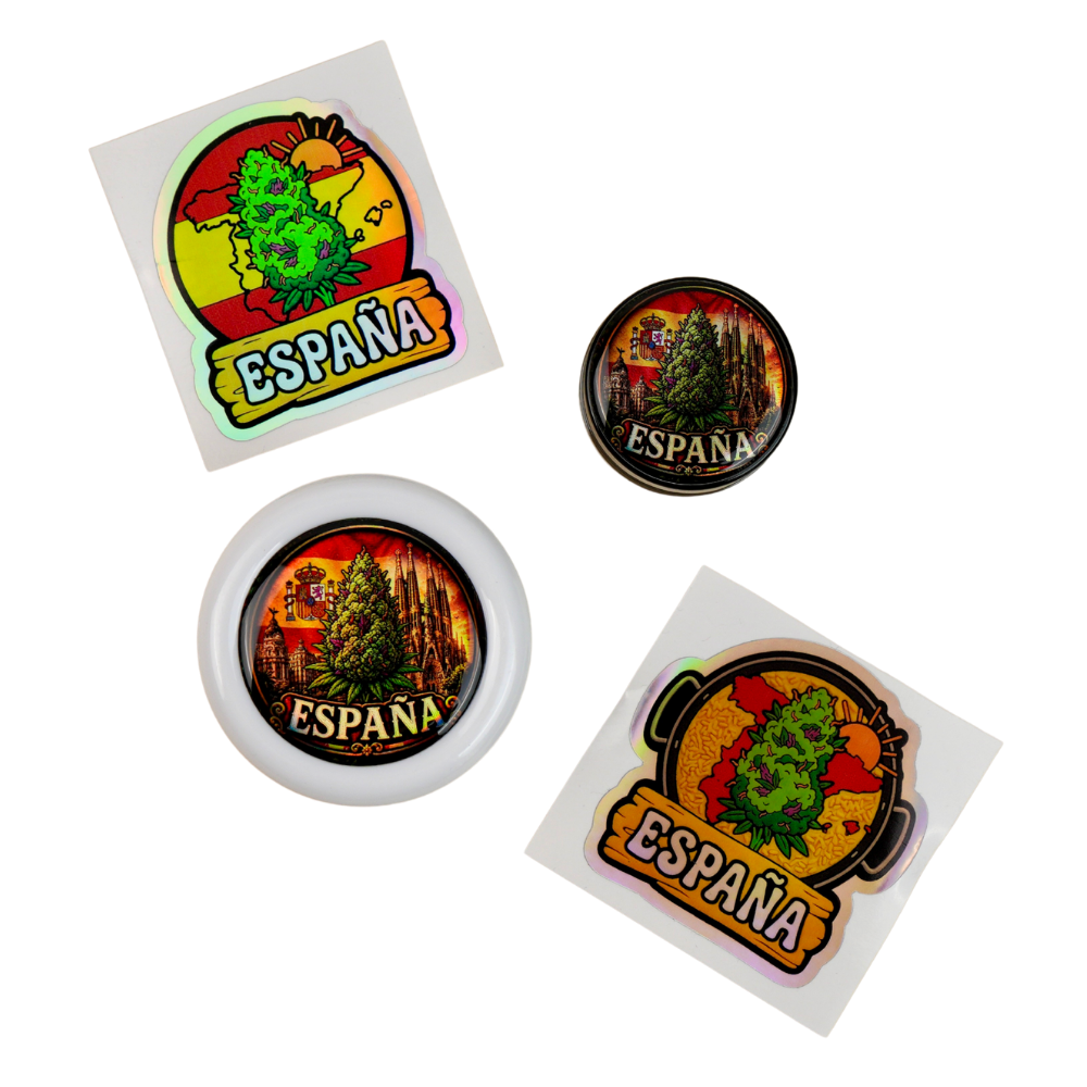 Pack España Beetle Print con grinder Zero, tarro transparente y pegatinas holográficas