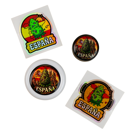 Pack España Beetle Print con grinder Zero, tarro transparente y pegatinas holográficas
