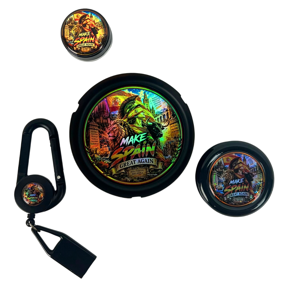 Pack Beetle Print España holográfico 4 en 1 con cenicero, molinillo, tarro de vidrio y Lighter Leash a juego