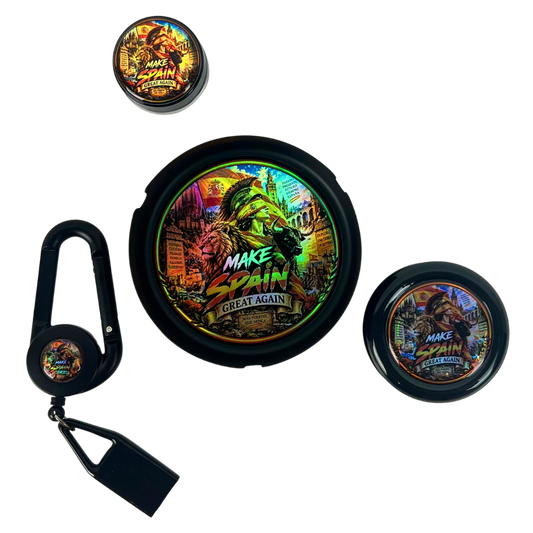 Pack Beetle Print España holográfico 4 en 1 con cenicero, molinillo, tarro de vidrio y Lighter Leash a juego