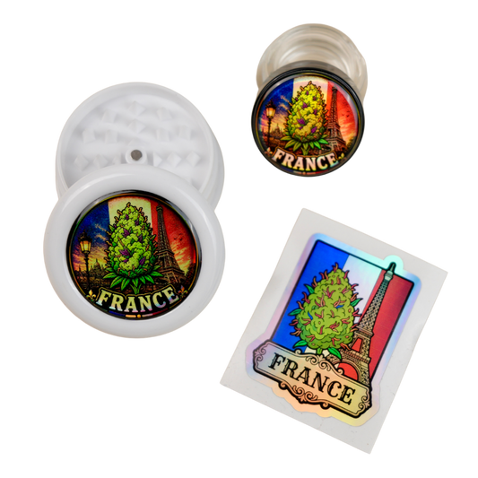 Pack France holográfico con grinder abierto, tarro de cristal y pegatina Beetle Print
