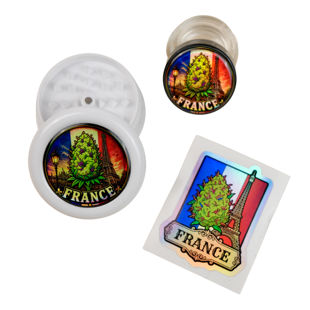 Pack France holográfico con grinder abierto, tarro de cristal y pegatina Beetle Print