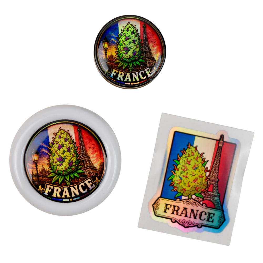 Pack France Beetle Print con grinder Zero, tarro holográfico y pegatina premium