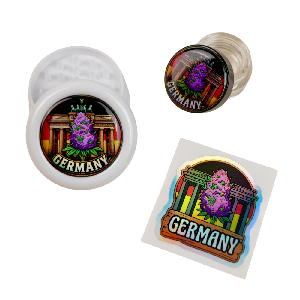Pack Germany holográfico con grinder abierto, tarro de cristal y pegatina Beetle Print