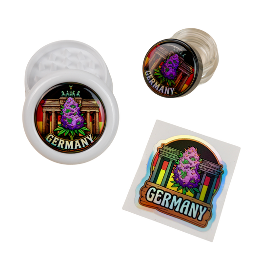 Pack Germany holográfico con grinder abierto, tarro de cristal y pegatina Beetle Print