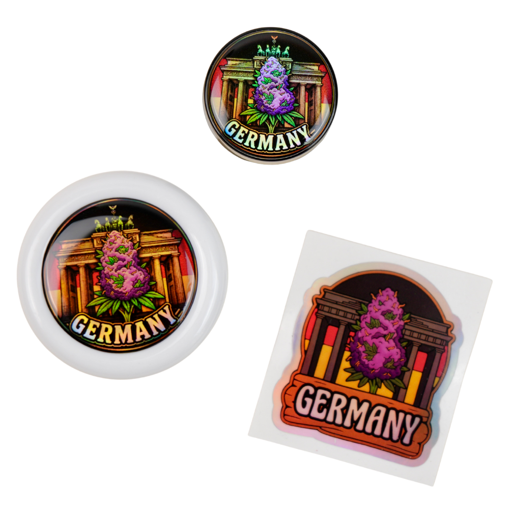 Pack Germany Beetle Print con grinder Zero, tarro holográfico y pegatina premium