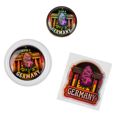 Pack Germany Beetle Print con grinder Zero, tarro holográfico y pegatina premium