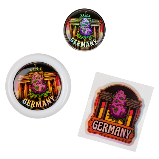 Pack Germany Beetle Print con grinder Zero, tarro holográfico y pegatina premium
