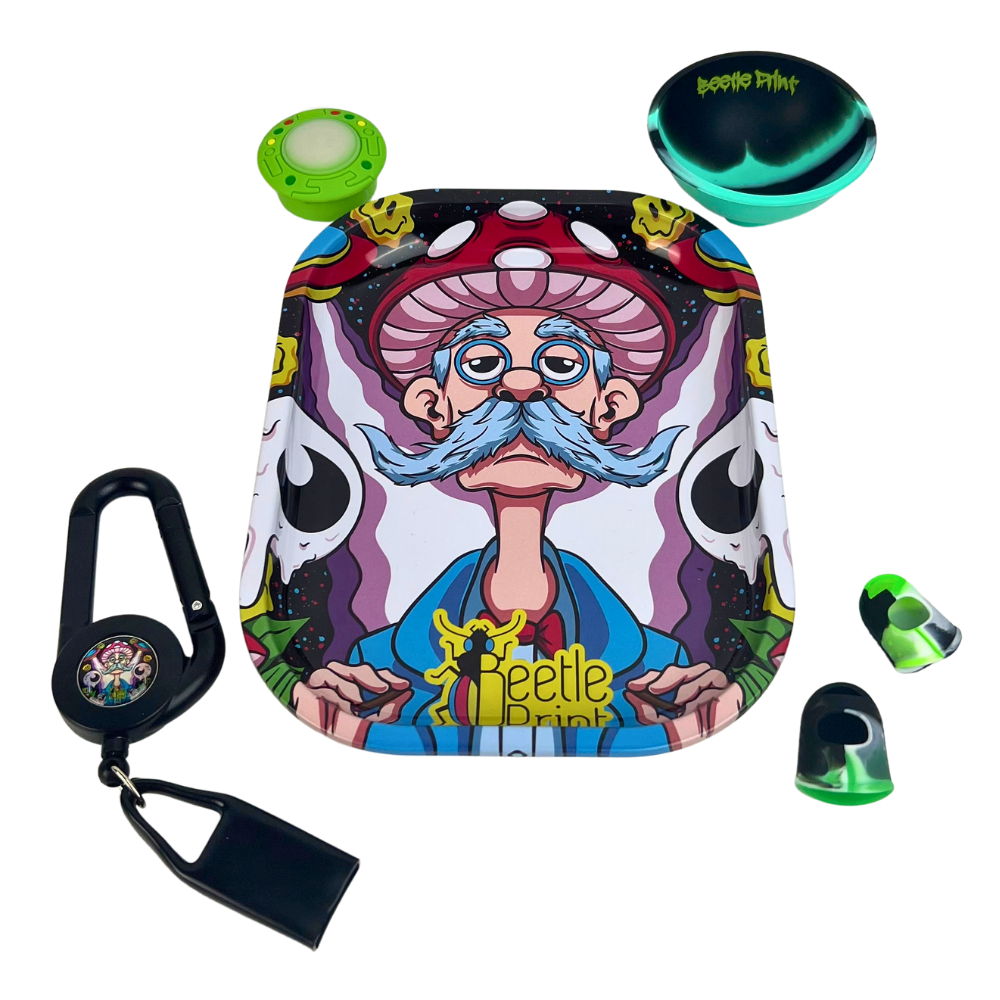 Pack Beetle Print Green Vibes con bandeja, bowl de silicona, wax, Lighter Leash y dedales en tonos verdes