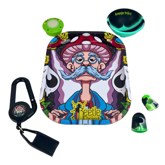 Pack Beetle Print Green Vibes con bandeja, bowl de silicona, wax, Lighter Leash y dedales en tonos verdes
