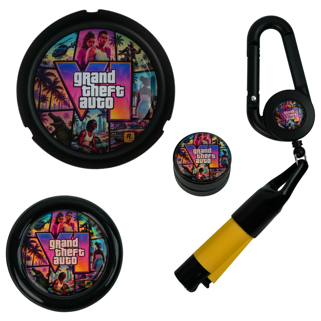Pack GTA VI holográfico 4 en 1 con cenicero, Grinder Zero, tarro negro de vidrio y Lighter Leash