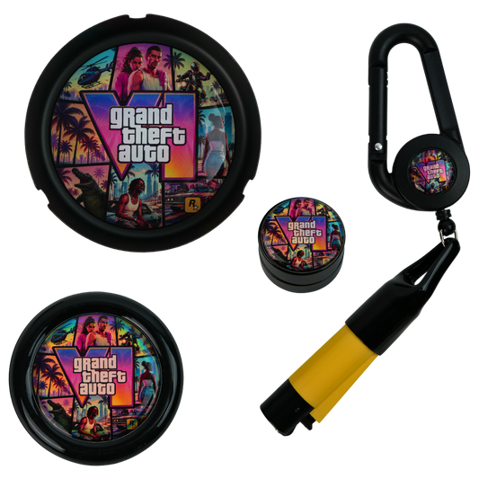 Pack GTA VI holográfico 4 en 1 con cenicero, Grinder Zero, tarro negro de vidrio y Lighter Leash