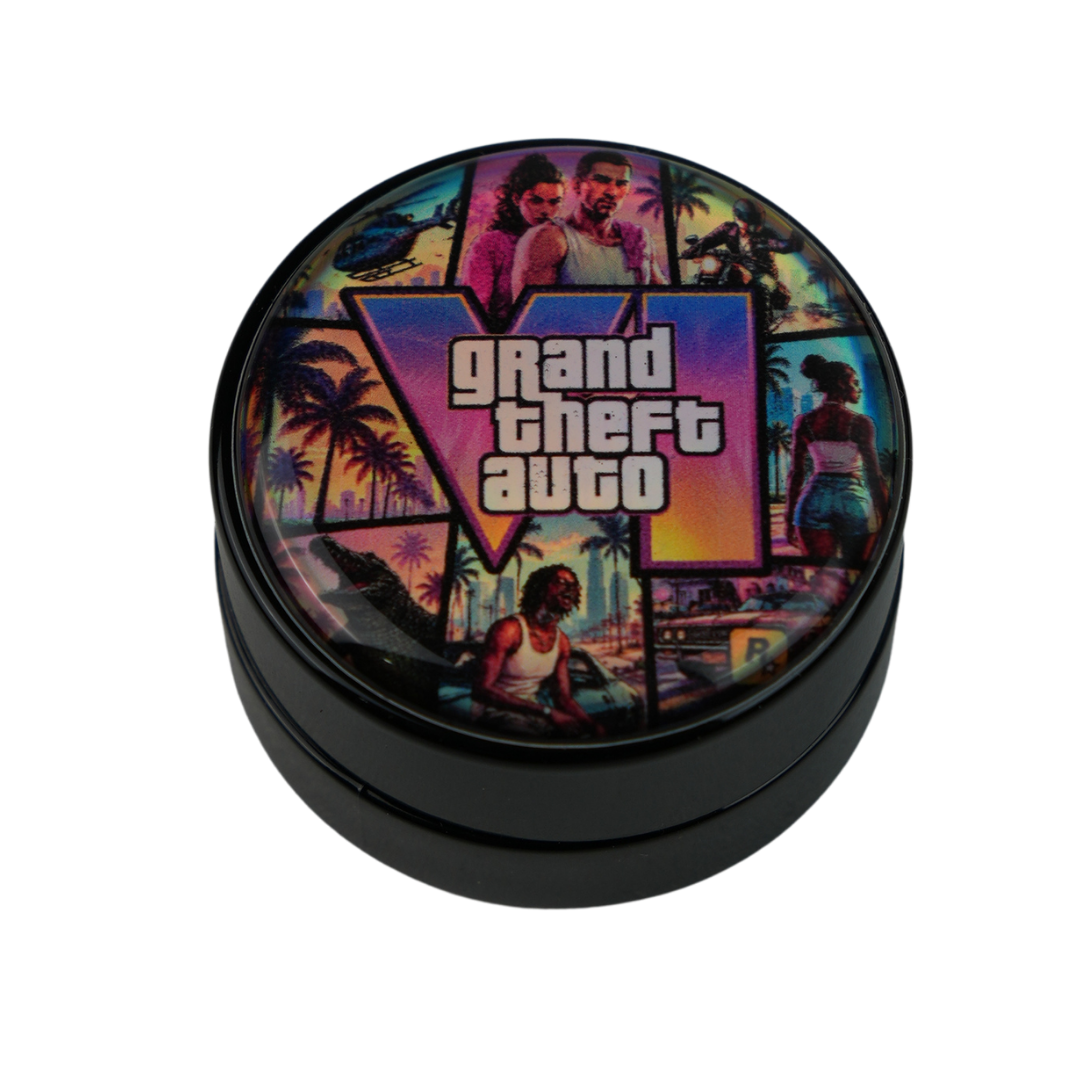 Tarro negro de vidrio GTA VI con diseño holográfico incluido en el pack