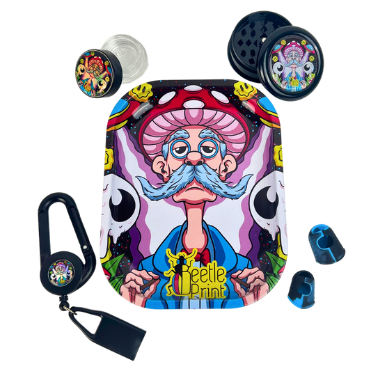 Pack Beetle Print holográfico 5 en 1 con bandeja, molinillo, tarro, Lighter Leash y dedales de silicona