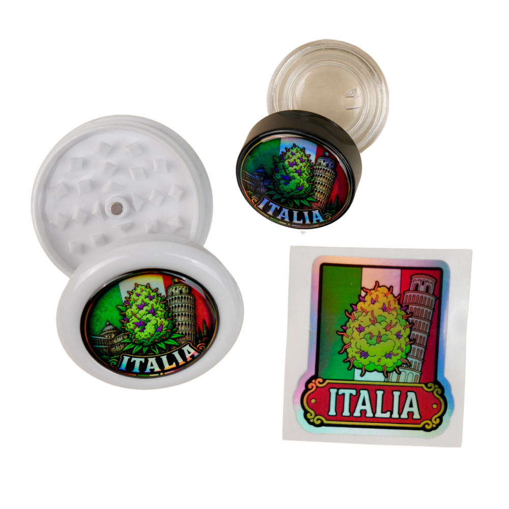 Pack Italia holográfico con grinder abierto, tarro de cristal y pegatina Beetle Print