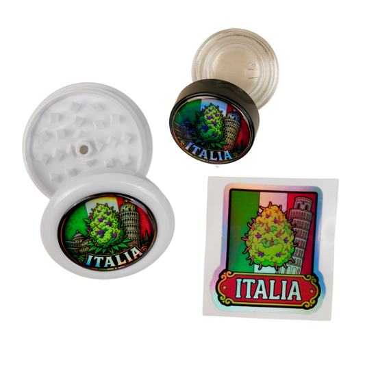 Pack Italia holográfico con grinder abierto, tarro de cristal y pegatina Beetle Print