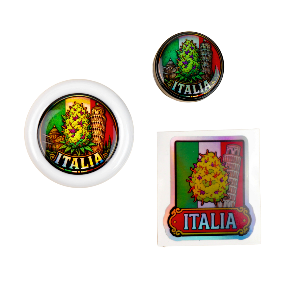 Pack Italia Beetle Print con grinder Zero, tarro holográfico y pegatina premium