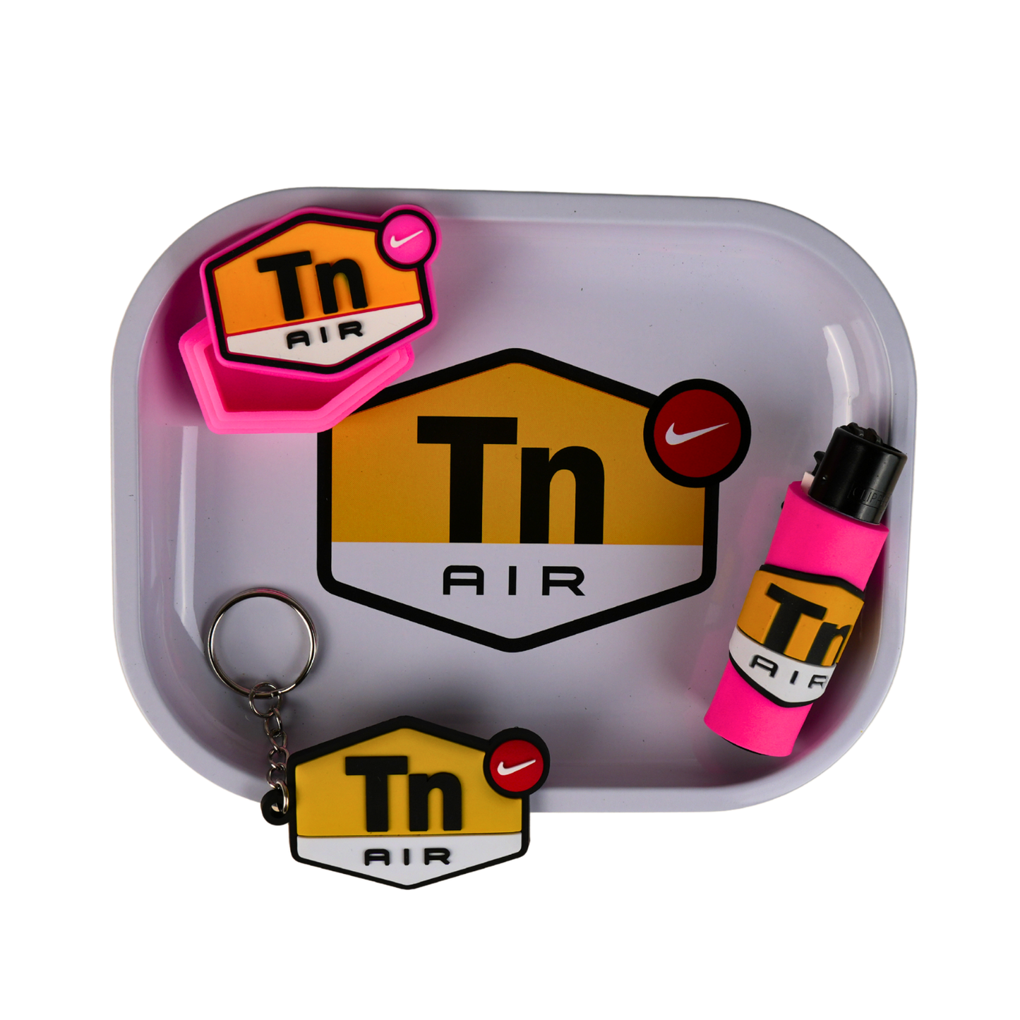 Pack Pink Air completo con bandeja metálica, wax container, funda de mechero rosa y llavero decorativo