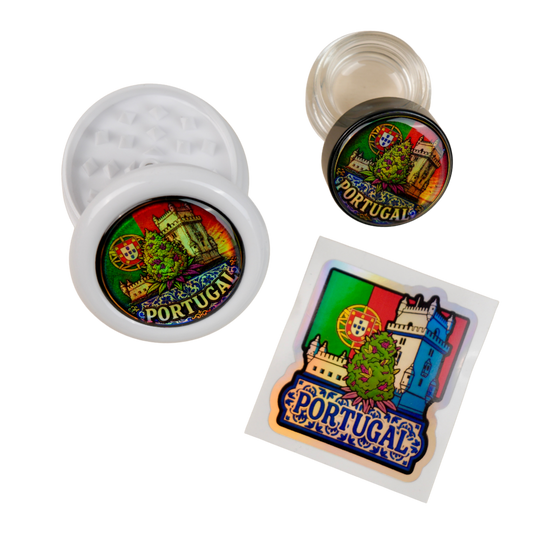 Pack Portugal holográfico con grinder abierto, tarro de cristal y pegatina Beetle Print