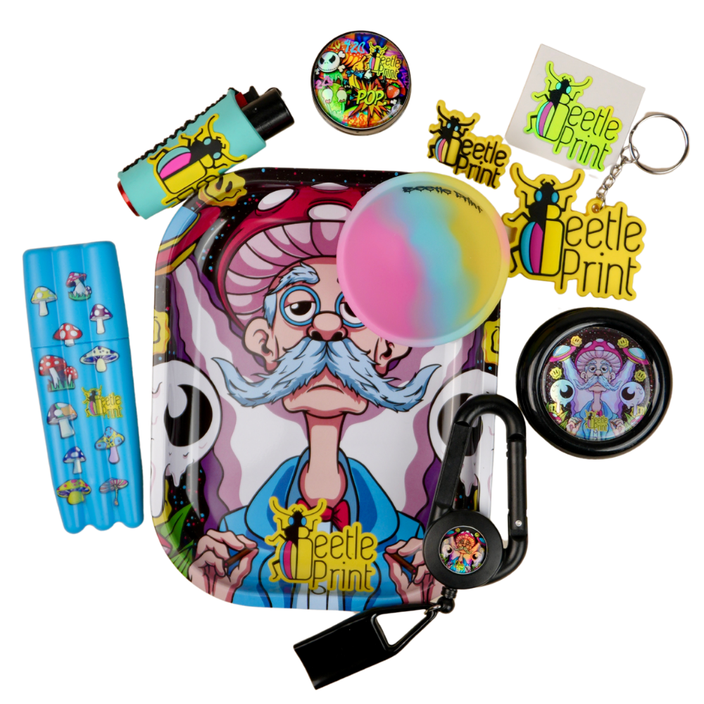 Pack premium Beetle Print con bandeja, grinder, bowl, portaconos, tarro, llavero y accesorios psicodélicos.