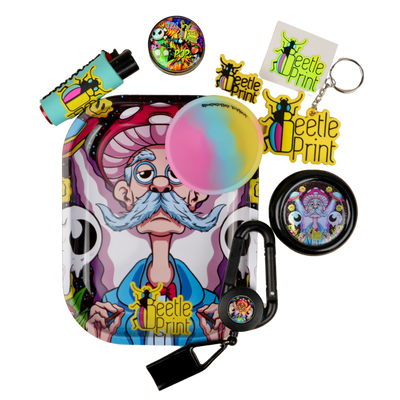 Pack premium Beetle Print con bandeja, grinder, bowl, portaconos, tarro, llavero y accesorios psicodélicos.