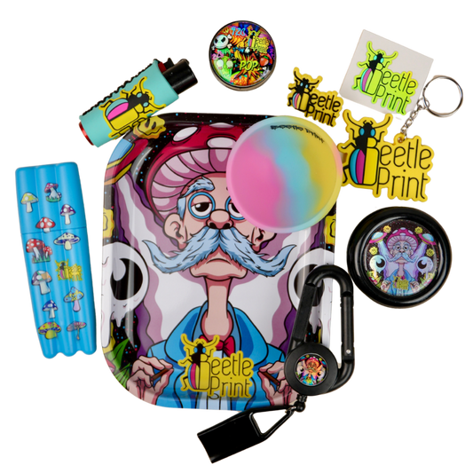 Pack premium Beetle Print con bandeja, grinder, bowl, portaconos, tarro, llavero y accesorios psicodélicos.