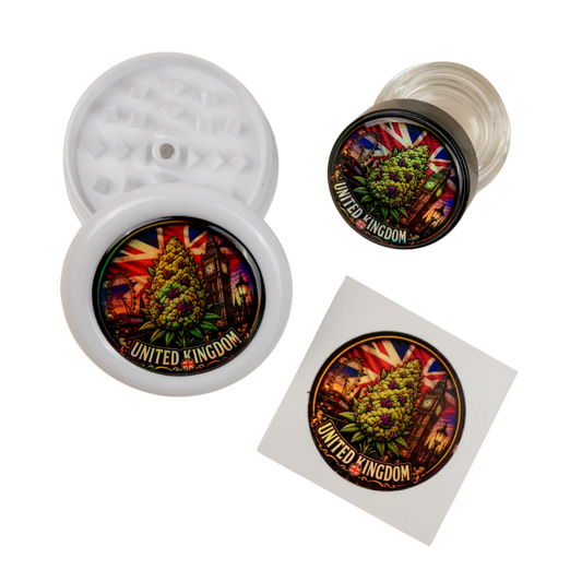 Pack United Kingdom holográfico con grinder abierto, tarro de cristal y pegatina Beetle Print