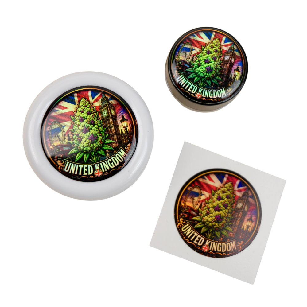Pack United Kingdom Beetle Print con grinder Zero, tarro holográfico y pegatina premium