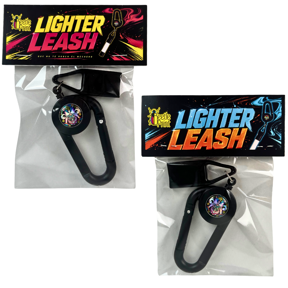 Packaging Lighter Leash Beetle Print con picamecheros extensible negro y diseño gráfico multicolor en frontal y reverso
