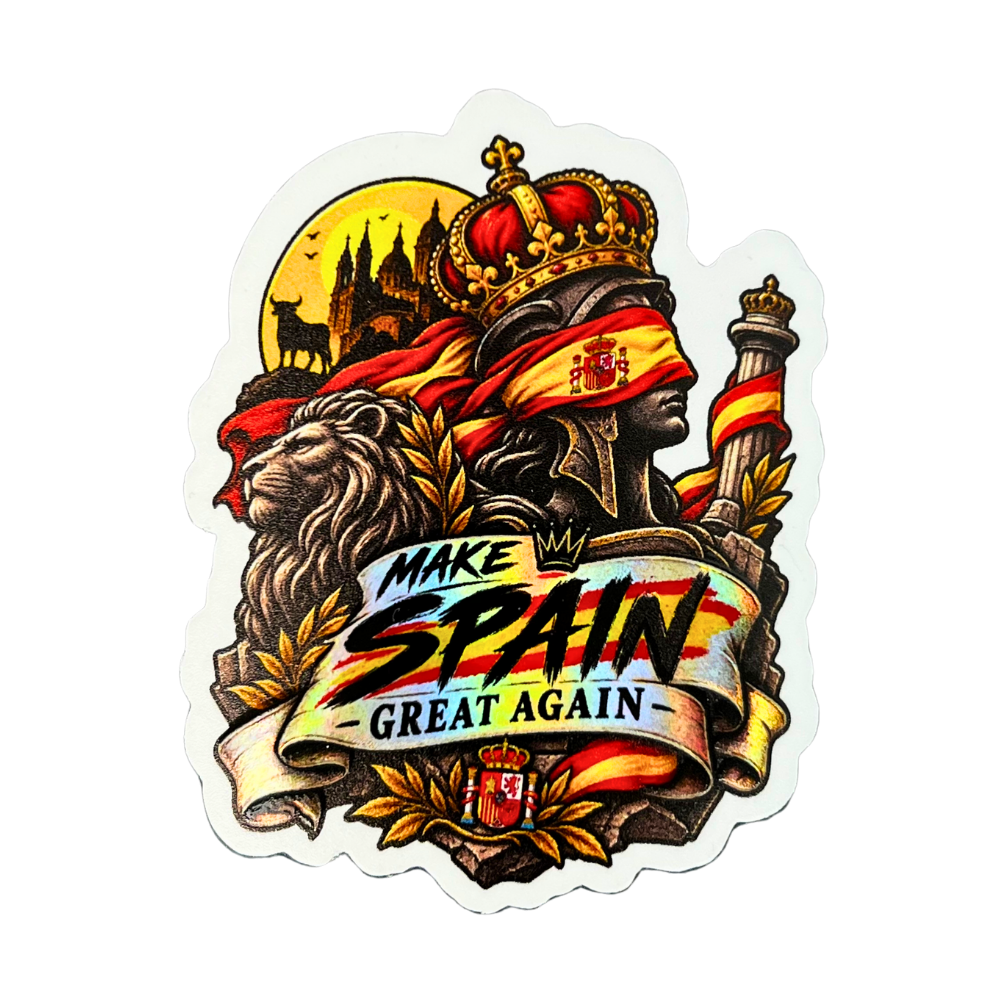 Pegatina inspirada en España con estatua, corona y bandera española