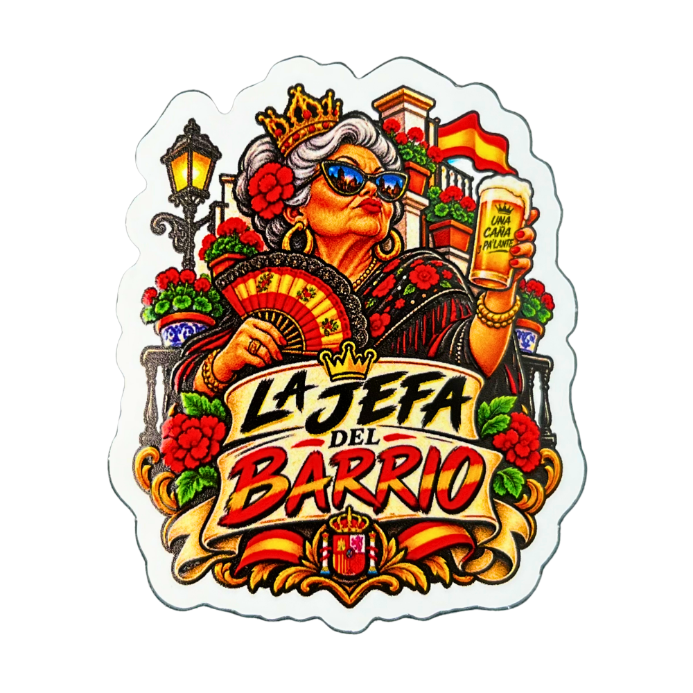 Pegatina La Jefa del Barrio con ilustración inspirada en la cultura española