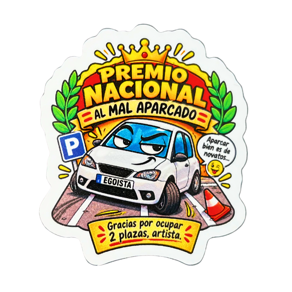 Pegatina Premio Nacional al Mal Aparcado con ilustración humorística de coche