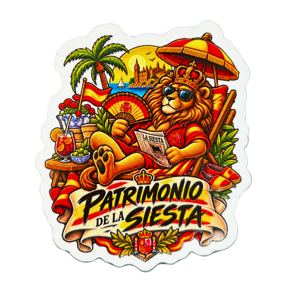 Pegatina Patrimonio de la Siesta con león descansando y elementos de España