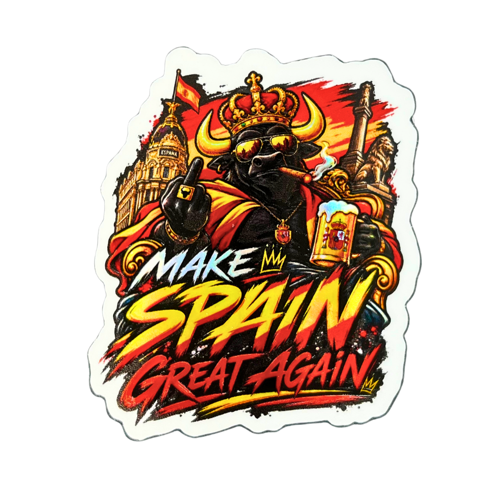 Pegatina de toro con corona y elementos inspirados en España