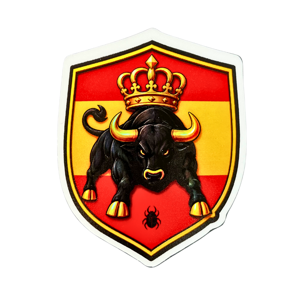 Pegatina de toro negro con corona sobre escudo con colores de España
