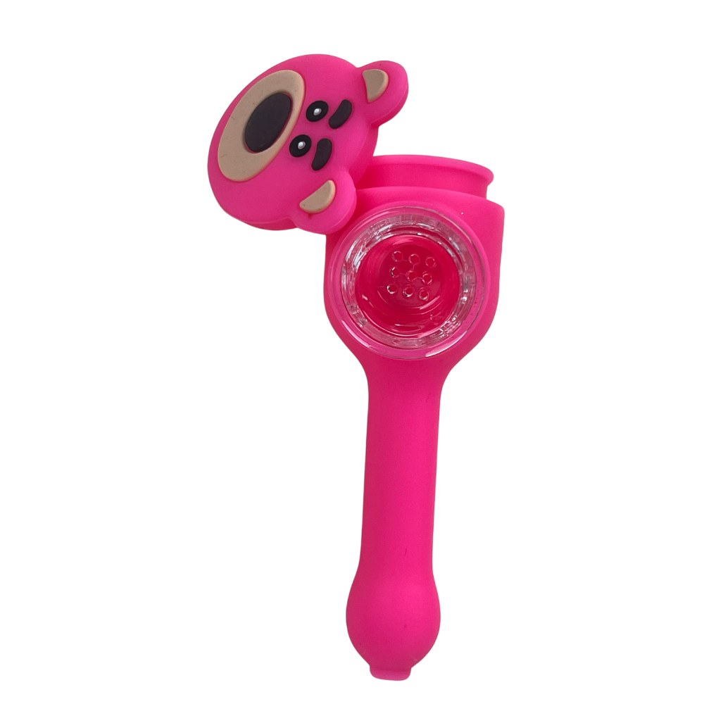 Pipa de silicona Beetle Print en color rosa con diseño de personaje y cazoleta de vidrio extraíble